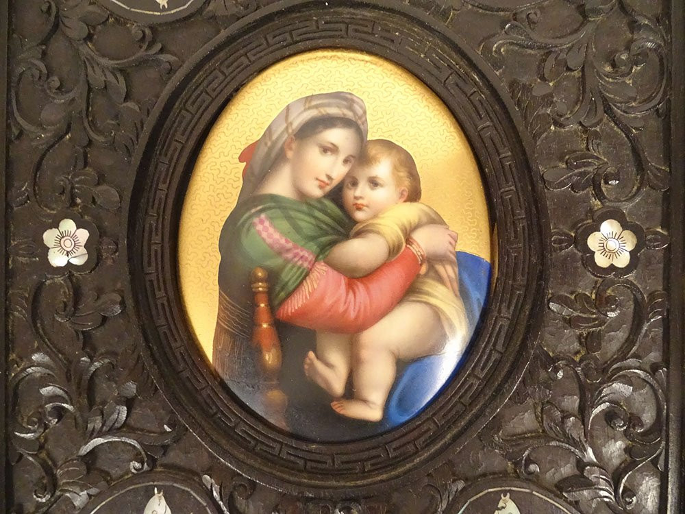 Paire miniatures porcelaine Vierge Enfant Christ cadres bois nacre XIXème-photo-3