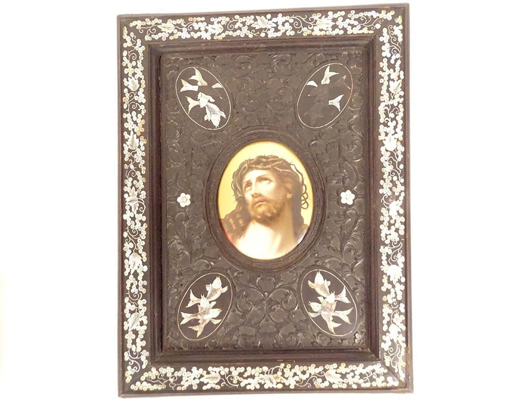 Paire miniatures porcelaine Vierge Enfant Christ cadres bois nacre XIXème-photo-5
