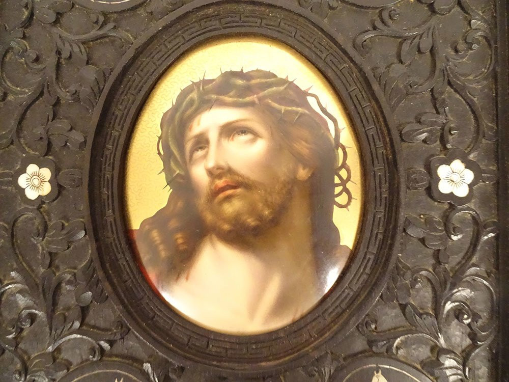 Paire miniatures porcelaine Vierge Enfant Christ cadres bois nacre XIXème-photo-6