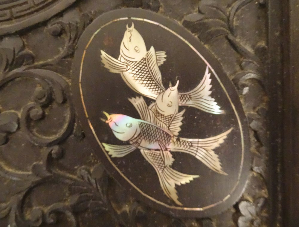 Paire miniatures porcelaine Vierge Enfant Christ cadres bois nacre XIXème-photo-7