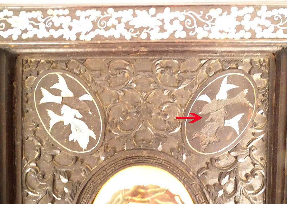 Paire miniatures porcelaine Vierge Enfant Christ cadres bois nacre XIXème-photo-8