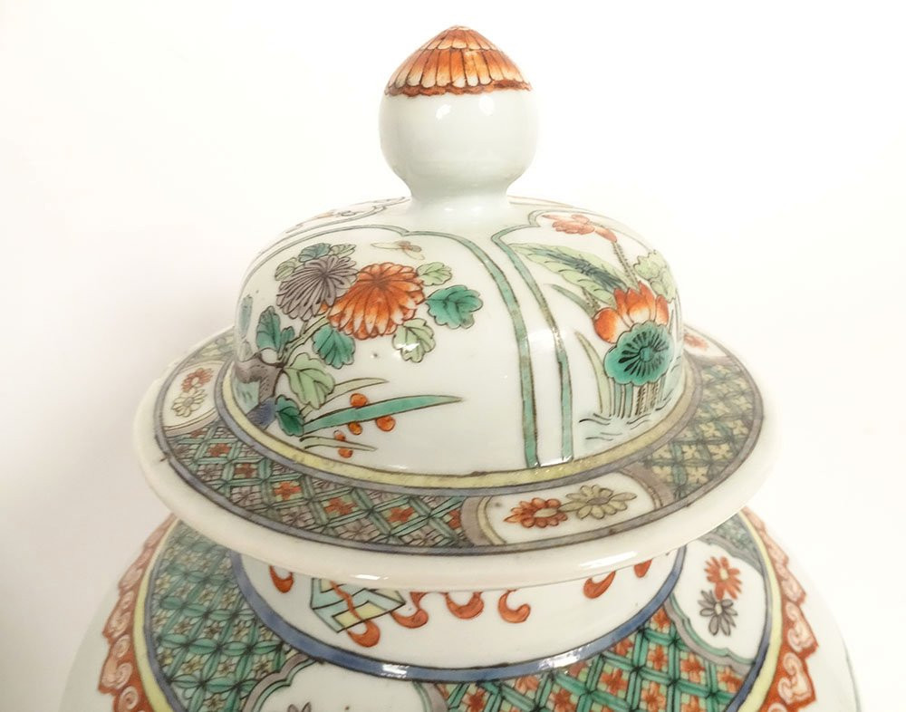 Paire pots couverts potiches porcelaine chinoise famille verte fleurs XIXè-photo-3