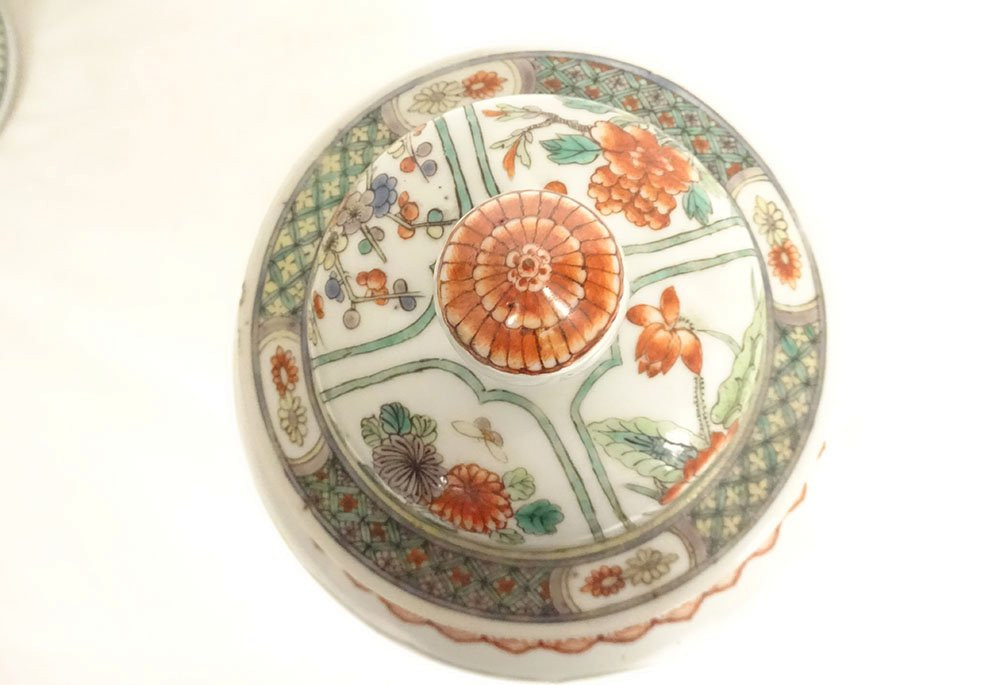 Paire pots couverts potiches porcelaine chinoise famille verte fleurs XIXè-photo-4
