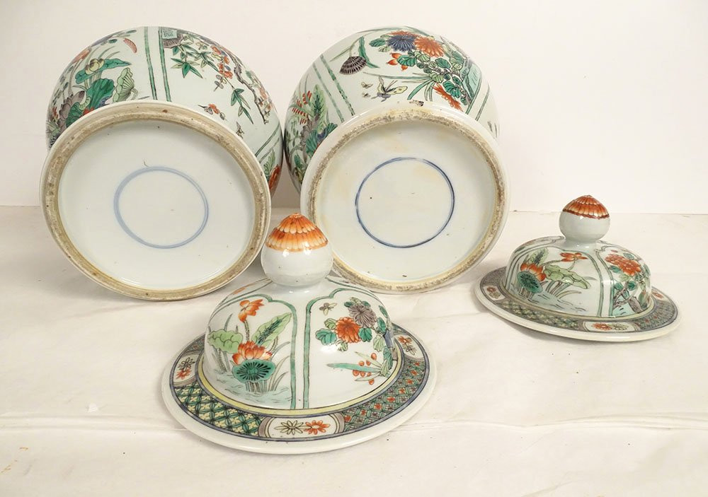 Paire pots couverts potiches porcelaine chinoise famille verte fleurs XIXè-photo-3