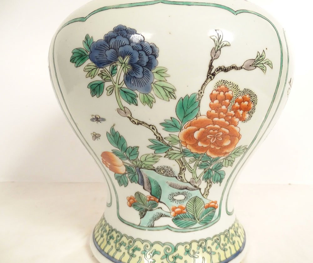 Paire pots couverts potiches porcelaine chinoise famille verte fleurs XIXè-photo-4