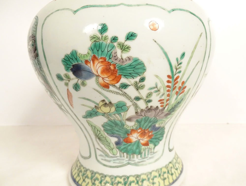 Paire pots couverts potiches porcelaine chinoise famille verte fleurs XIXè-photo-6