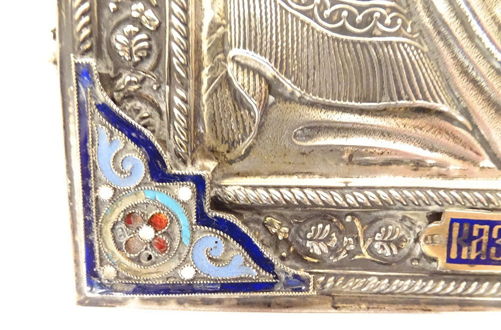 Russian Orthodox Icon Of The Virgin And Child Of Kazan, Silver Cloisonné Enamel, 19th Century-photo-3