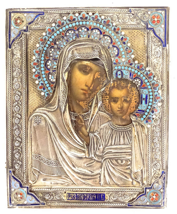 Russian Orthodox Icon Of The Virgin And Child Of Kazan, Silver Cloisonné Enamel, 19th Century