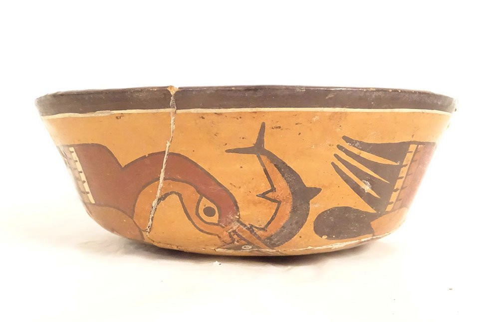 Pre-columbian Nazca Bowl From Peru, Featuring Birds And Fish, Polychrome Terracotta.-photo-3