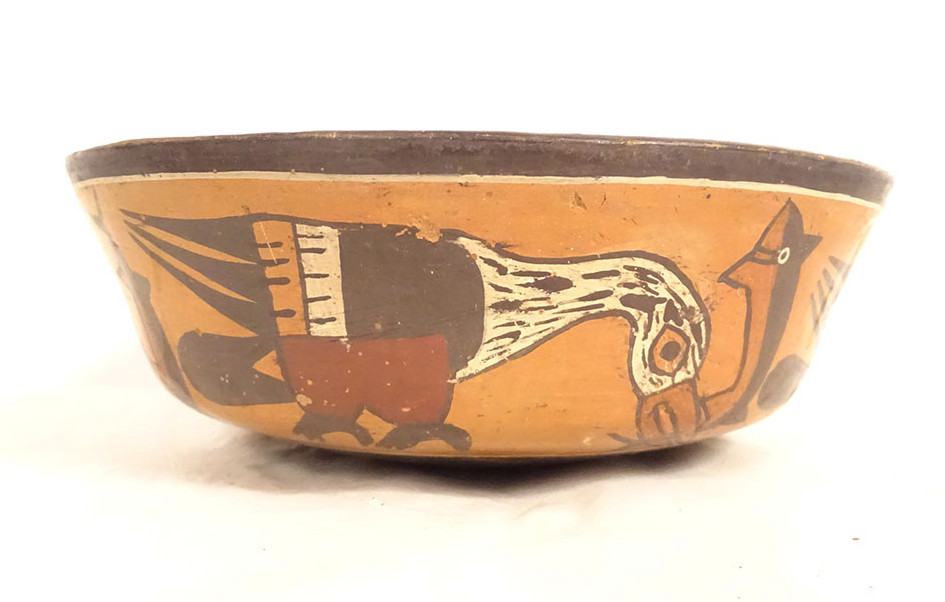 Pre-columbian Nazca Bowl From Peru, Featuring Birds And Fish, Polychrome Terracotta.
