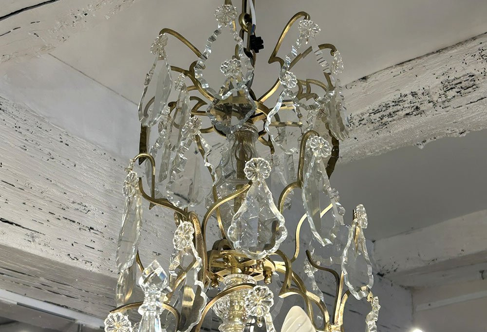 Lustre 12 feux bronze cristal taillé pampilles pendeloques couteaux XIXème-photo-2