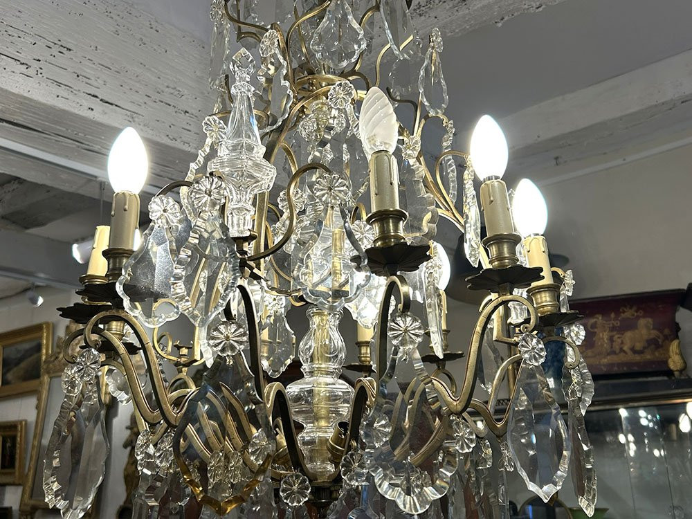 Lustre 12 feux bronze cristal taillé pampilles pendeloques couteaux XIXème-photo-3