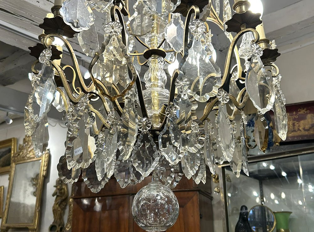 Lustre 12 feux bronze cristal taillé pampilles pendeloques couteaux XIXème-photo-4