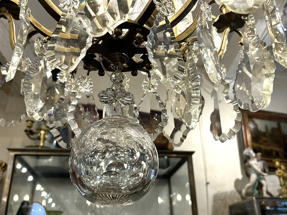 Lustre 12 feux bronze cristal taillé pampilles pendeloques couteaux XIXème-photo-2