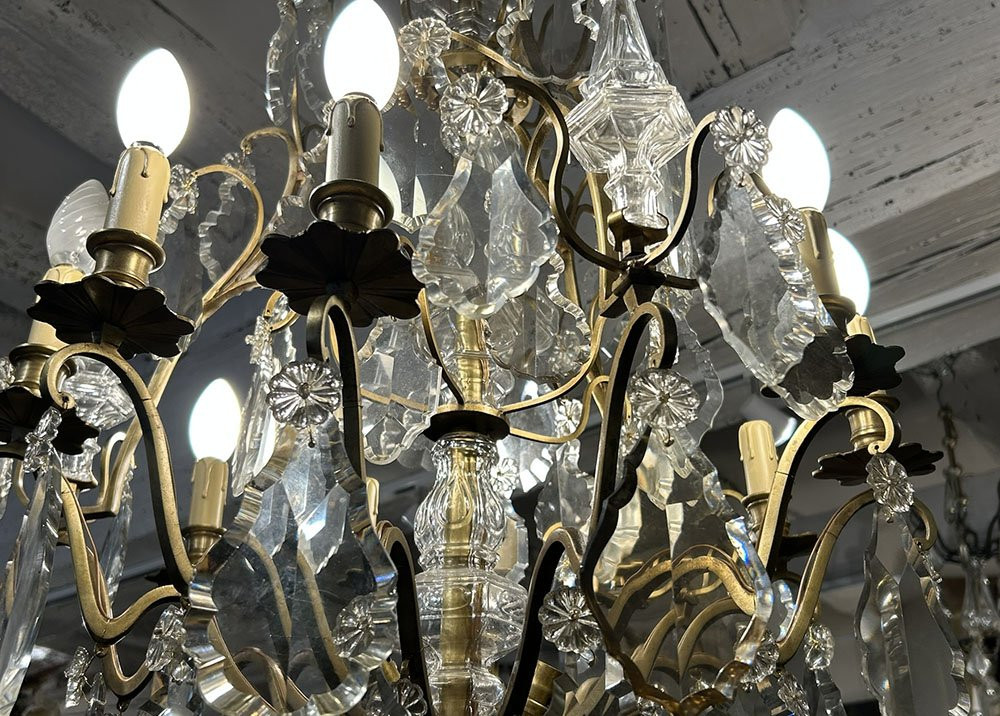 Lustre 12 feux bronze cristal taillé pampilles pendeloques couteaux XIXème-photo-3
