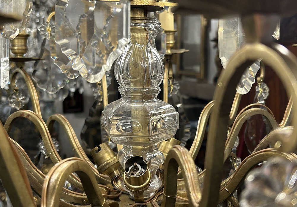 Lustre 12 feux bronze cristal taillé pampilles pendeloques couteaux XIXème-photo-4