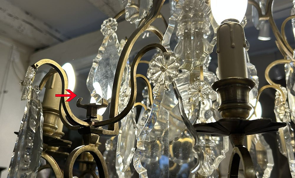 Lustre 12 feux bronze cristal taillé pampilles pendeloques couteaux XIXème-photo-5