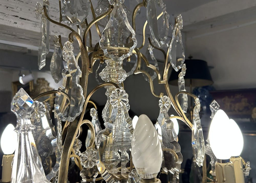 Lustre 12 feux bronze cristal taillé pampilles pendeloques couteaux XIXème-photo-7