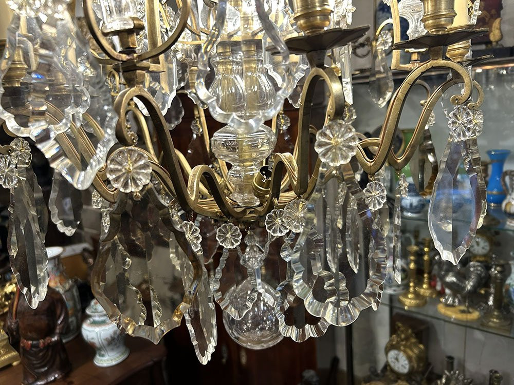 Lustre 12 feux bronze cristal taillé pampilles pendeloques couteaux XIXème-photo-8