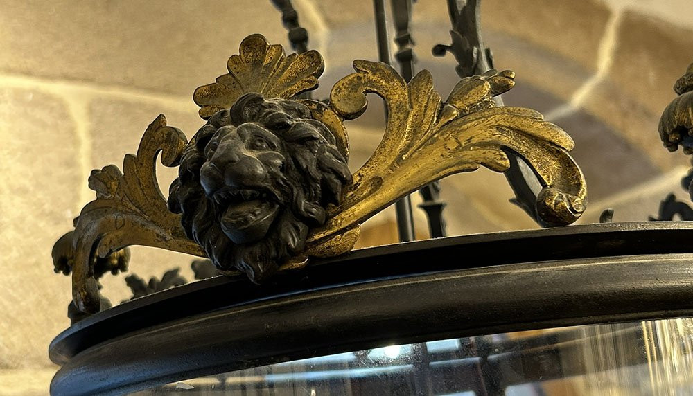 Louis XVI Lantern, Vestibule/hall, 3 Bronze Lights, Lion Mascarons, 19th Century-photo-2