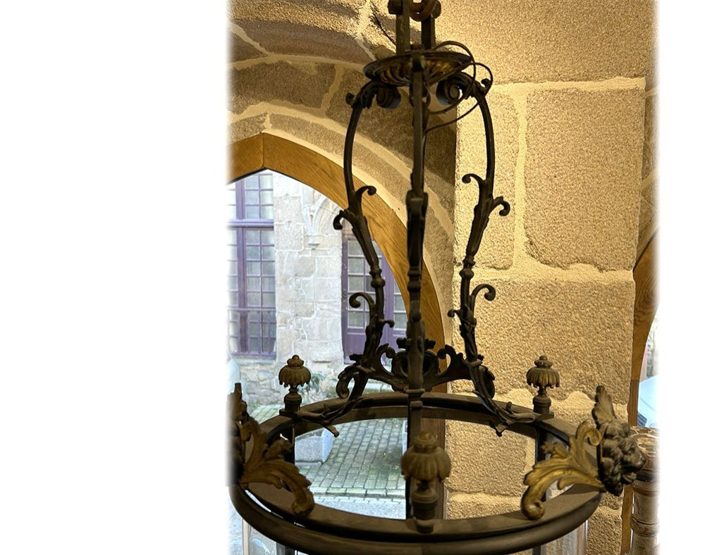 Louis XVI Lantern, Vestibule/hall, 3 Bronze Lights, Lion Mascarons, 19th Century-photo-4