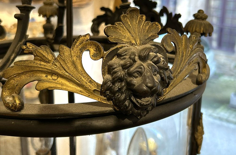 Louis XVI Lantern, Vestibule/hall, 3 Bronze Lights, Lion Mascarons, 19th Century-photo-6