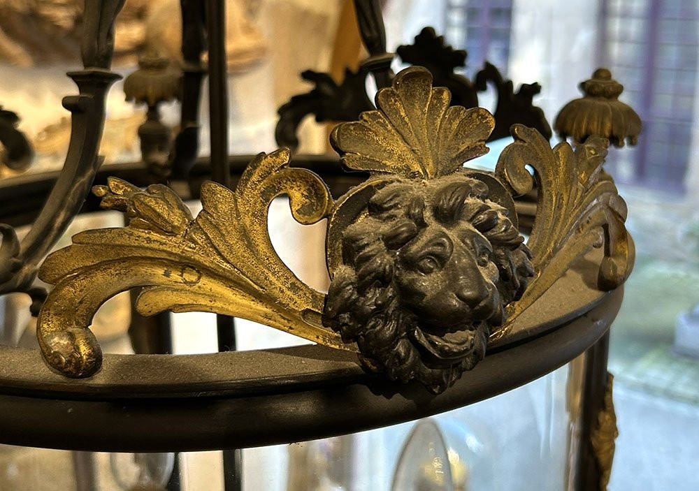 Louis XVI Lantern, Vestibule/hall, 3 Bronze Lights, Lion Mascarons, 19th Century-photo-7