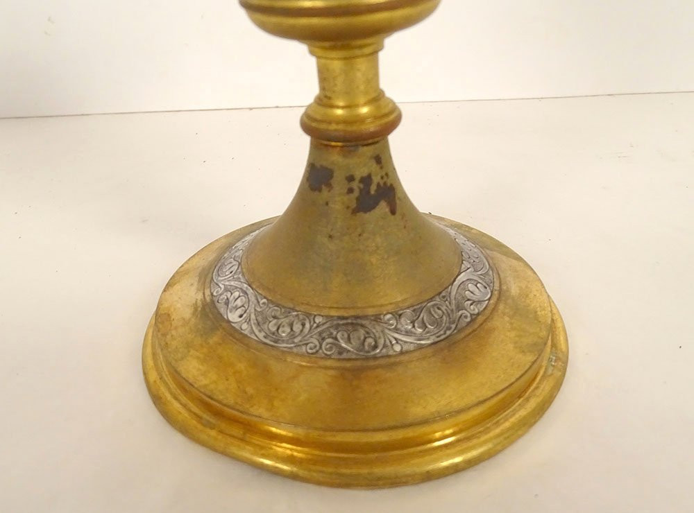 Ciboire bol argent vermeil Minerve pied bronze doré croix feuillage XIXème-photo-2