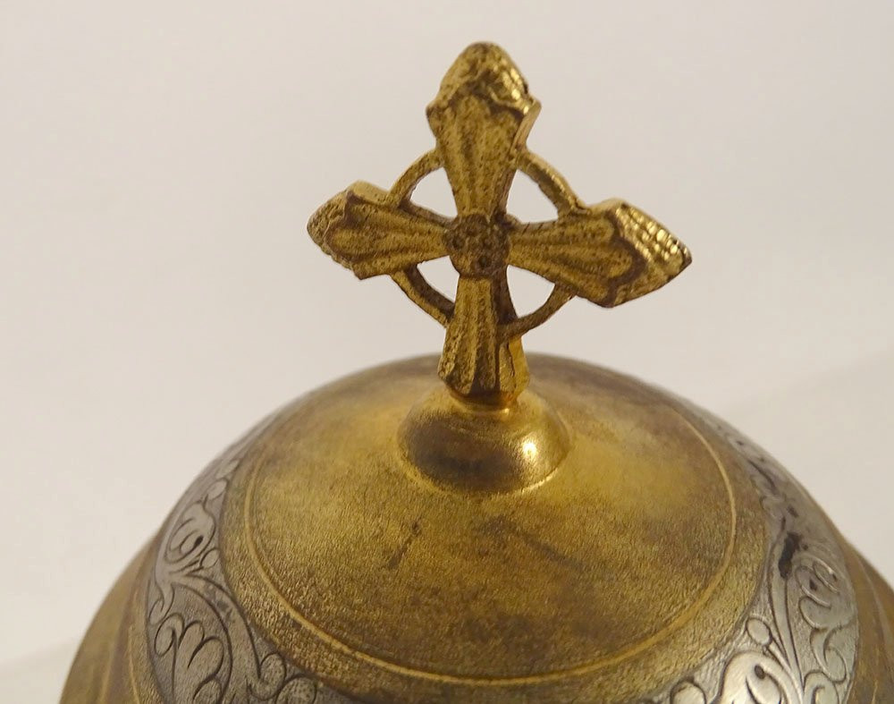 Ciboire bol argent vermeil Minerve pied bronze doré croix feuillage XIXème-photo-4