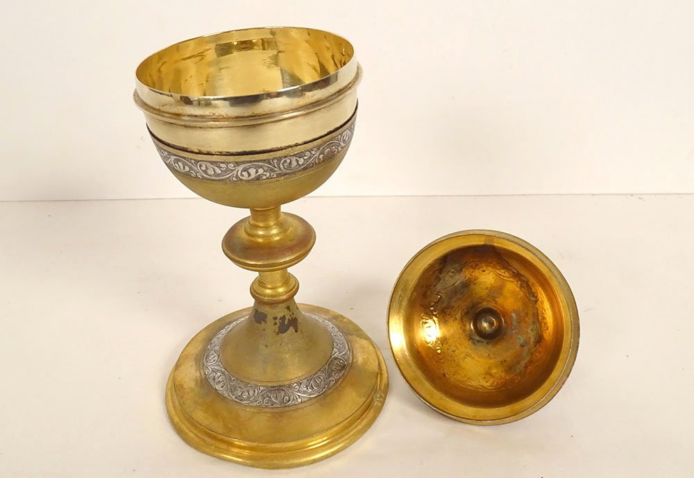 Ciboire bol argent vermeil Minerve pied bronze doré croix feuillage XIXème-photo-1