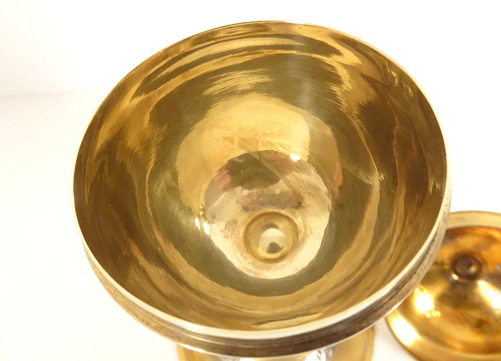 Ciboire bol argent vermeil Minerve pied bronze doré croix feuillage XIXème-photo-2