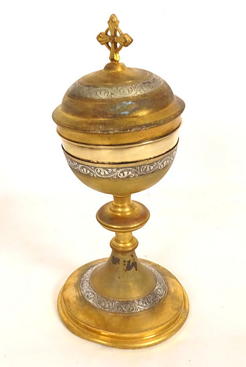 Ciboire bol argent vermeil Minerve pied bronze doré croix feuillage XIXème