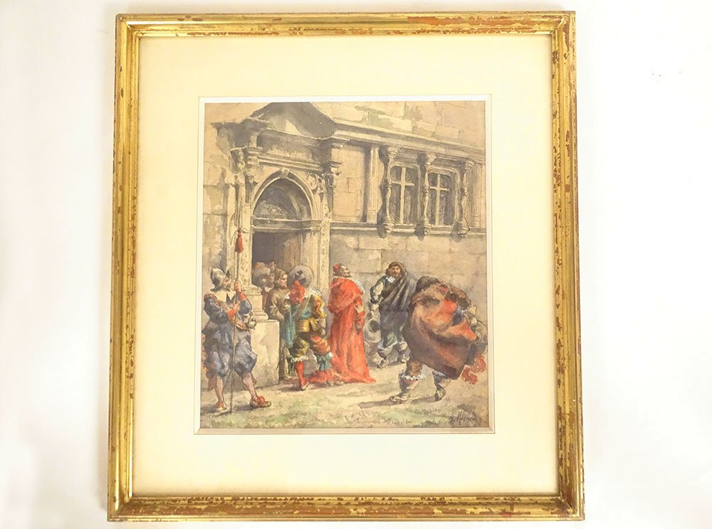 Framed Watercolor By Albert Morand, Cardinal Richelieu, Musketeers, 19th Century-photo-2