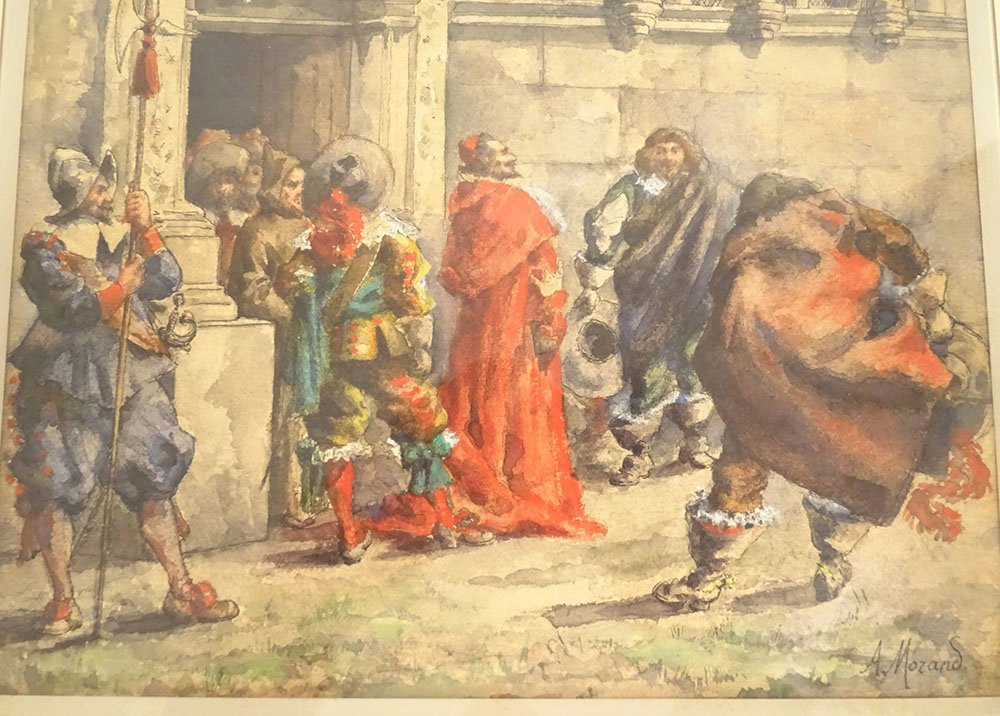 Framed Watercolor By Albert Morand, Cardinal Richelieu, Musketeers, 19th Century-photo-3