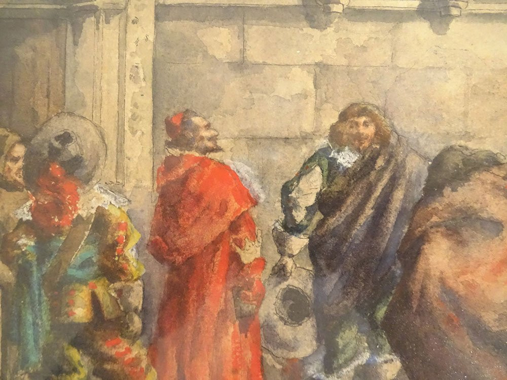 Framed Watercolor By Albert Morand, Cardinal Richelieu, Musketeers, 19th Century-photo-4