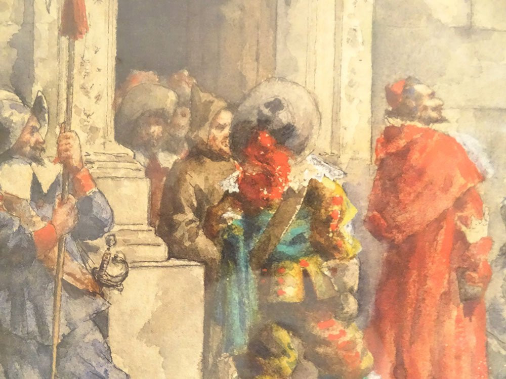 Framed Watercolor By Albert Morand, Cardinal Richelieu, Musketeers, 19th Century-photo-1