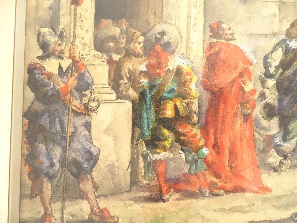 Framed Watercolor By Albert Morand, Cardinal Richelieu, Musketeers, 19th Century-photo-5