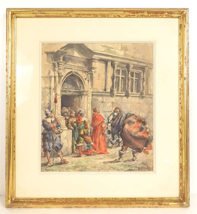 Framed Watercolor By Albert Morand, Cardinal Richelieu, Musketeers, 19th Century