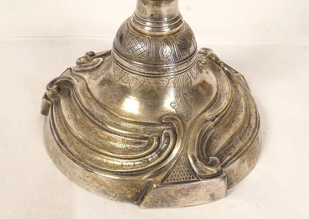 Bougeoir Régence bronze argenté flambeau feuillage fleurs XVIIIème siècle-photo-3