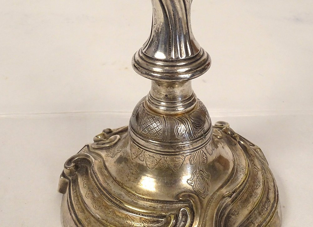 Bougeoir Régence bronze argenté flambeau feuillage fleurs XVIIIème siècle-photo-1