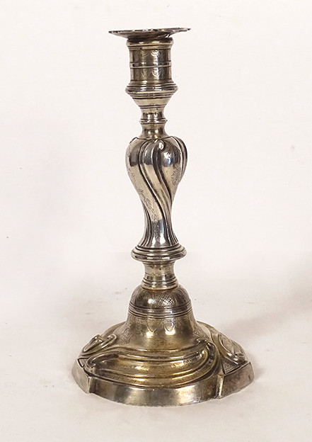 Bougeoir Régence bronze argenté flambeau feuillage fleurs XVIIIème siècle
