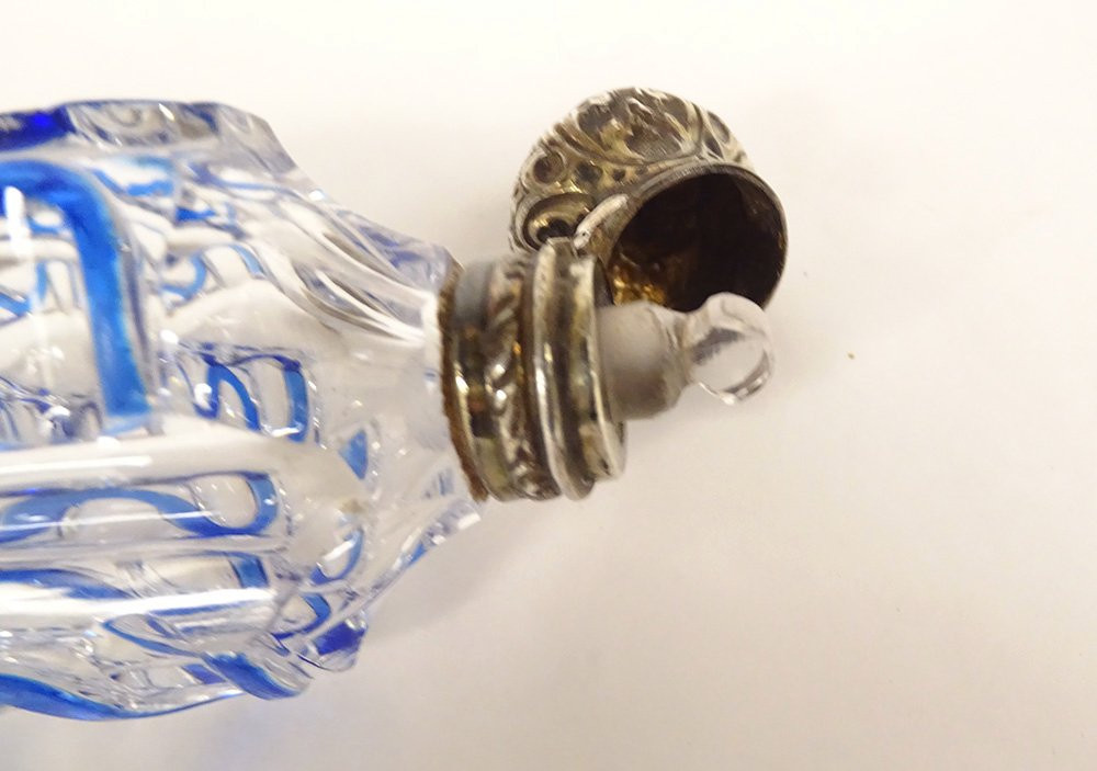 Flacon à sels cristal taillé Overlay bleu argent massif métal XIXème siècle-photo-3