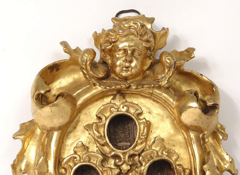 Cadre reliquaire bois sculpté doré tête angelot XVIIIème siècle-photo-2