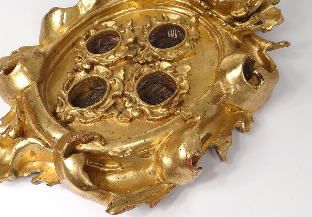 Cadre reliquaire bois sculpté doré tête angelot XVIIIème siècle-photo-6