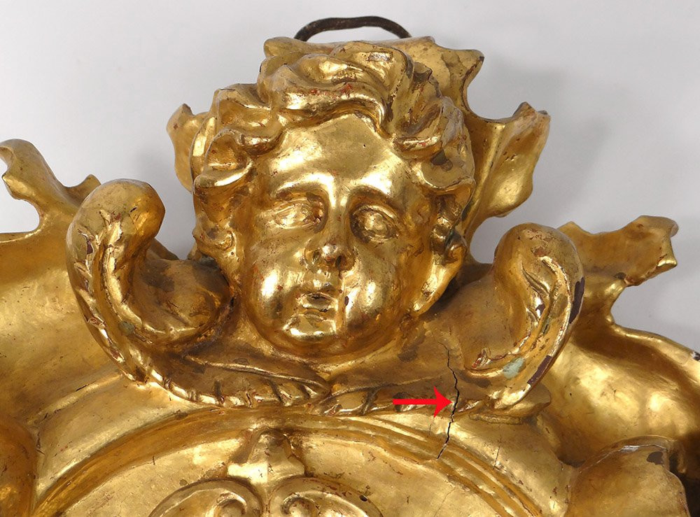 Cadre reliquaire bois sculpté doré tête angelot XVIIIème siècle-photo-7