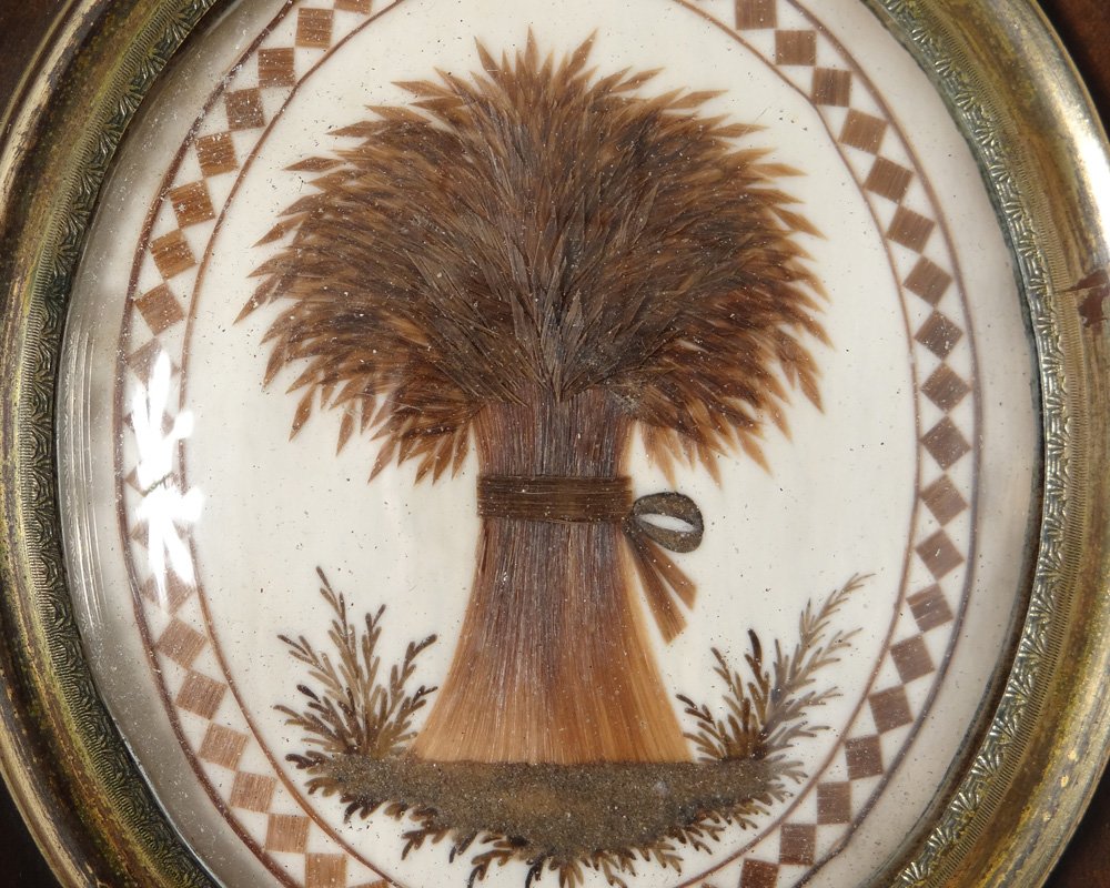 Miniature travail de cheveux gerbe blé souvenir cadre bois Napoléon III 19è-photo-3