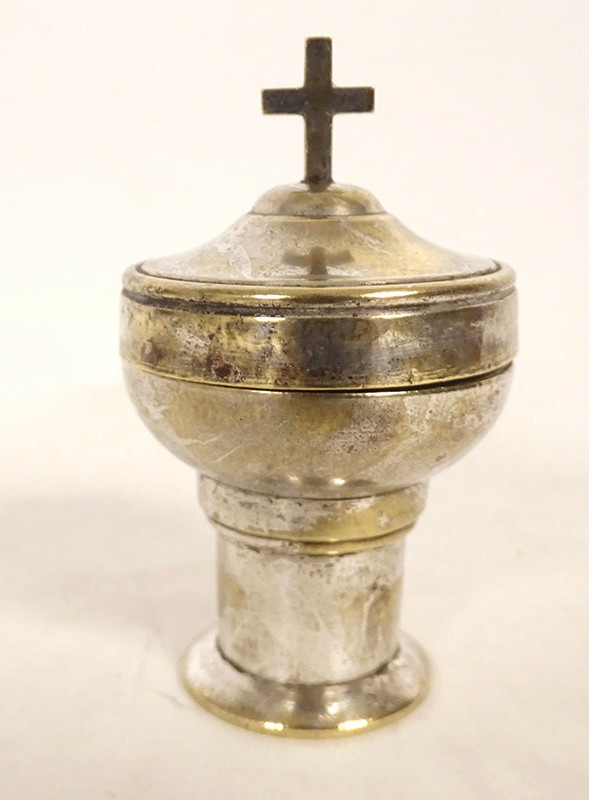 Small Traveling Ciborium For The Sick, Silvered Bronze Ointment Pot With Cross, 19th Century