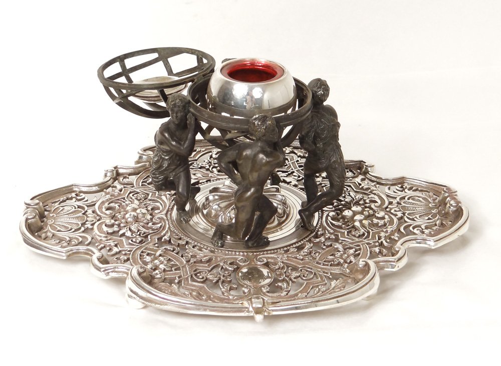 Encrier bronze sphère armillaire personnages continents Lerolle Frères XIXè-photo-2