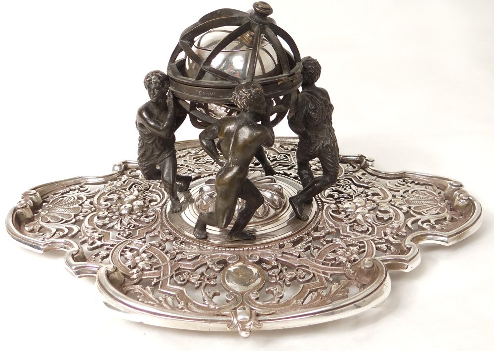 Encrier bronze sphère armillaire personnages continents Lerolle Frères XIXè-photo-3