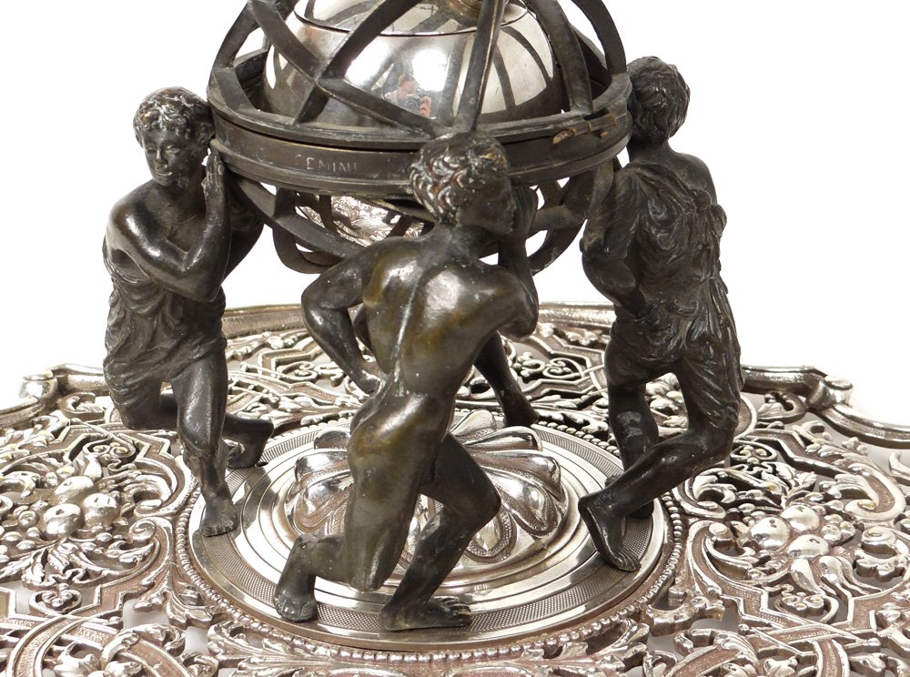 Encrier bronze sphère armillaire personnages continents Lerolle Frères XIXè-photo-4